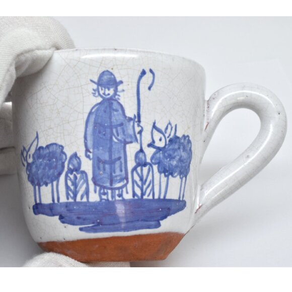 Hand Painted Terracotta Demitasse Cup / Saucer, Blue & White, Portugal, 1972 - Picture 10 of 11